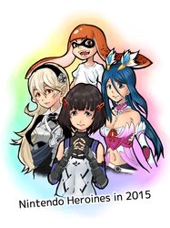  4girls armor artist_request black_hair blue_hair breasts female fire_emblem fire_emblem_if genei_ibunroku_#fe inkling lynlee_kuu multiple_girls my_unit_(fire_emblem_if) nintendo orange_hair oribe_tsubasa pointy_ears smile splatoon white_hair xenoblade_chronicles_x 