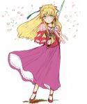  1girl blonde_hair blue_eyes blush breasts claire_bennett dress flower long_hair ribbon shoes sword tales_of_(series) tales_of_rebirth weapon 