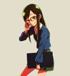  1girl adjusting_glasses ammonio bangs blue_shirt brown_eyes collared_shirt glasses green_hair green_skirt grey_background long_hair long_sleeves looking_at_viewer parted_bangs pleated_skirt red-framed_glasses shiny shiny_hair shirt simple_background skirt smile solo white_shirt 
