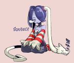  1girl bare_shoulders blue_skin detached_collar detached_sleeves hair_over_one_eye leviathan_(skullgirls) side_ponytail sitting skullgirls sleeping squigly_(skullgirls) stitched_mouth stitches striped_legwear striped_sleeves thigh-highs yeti_(mu_kaiten) zombie zombie_girl 