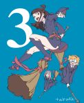  3girls :d akko_kagari artist_name blonde_hair boots broom broom_riding brown_eyes brown_hair commentary_request dress glasses green_eyes hair_over_one_eye hairband highres knee_boots little_witch_academia long_hair looking_at_viewer lotte_yanson multiple_girls open_mouth ponytail red_eyes short_hair smile sucy_manbabalan tarou2 witch 