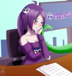  bare_shoulders blue_eyes blush breasts cleavage drill_hair hair_ornament lemmy_(zone) long_hair off-shoulder_sweater purple_hair sitting skull_hair_ornament sweater tentacle zone-tan 