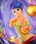  1girl ass ball barefoot blue_hair breasts cleavage disney dress inside_out joy_(inside_out) perspective pixar short_dress sitting strap_slip thezentlion yellow_skin 