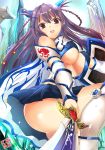  1girl bare_shoulders braid braids breasts cleavage female greaves happy large_breasts long_hair looking_at_viewer miracle_hoshi open_mouth purple_hair red_eyes rose_eyes smile solo sword under_boob 