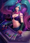  1girl alternate_costume arcade_sona blue_hair breasts cleavage controller joystick league_of_legends looking_at_viewer phamoz smile solo sona_buvelle twintails two-tone_hair 