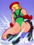  1girl antenna_hair ass back beret blonde_hair blue_eyes boots braid cammy_white clenched_hand combat_boots elbow_gloves fingerless_gloves from_behind gloves harness hat highleg highleg_leotard kajinman kneeling leotard long_hair looking_at_viewer looking_back muscle one_knee red_gloves scar signature solo street_fighter street_fighter_v sweat thigh_holster thong_leotard toned twin_braids watermark web_address 