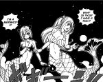  2girls brandish_mew breasts dreaming fairy_tail large_breasts long_hair lucy_heartfilia mermaid midriff monochrome monster_girl multiple_girls navel official_art seashell_bra short_hair stars surprised text transformation wide_hips 