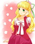  1girl blonde_hair blush breasts claire_bennett dress flower green_eyes long_hair ribbon smile tales_of_(series) tales_of_rebirth 