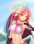  1girl angel_wings book breasts bridal_gauntlets feathered_wings finger_to_mouth halo head_wings jibril_(no_game_no_life) long_hair looking_at_viewer low_wings magic_circle navel no_game_no_life orange_eyes panysua pink_hair pink_legwear sideboob smile solo symbol-shaped_pupils thigh-highs white_wings wings 