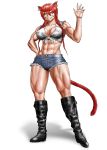  1girl abs animal_ears boots braid breasts cat_ears cleavage female fingernails looking_at_viewer muscle redhead saru_panitumu solo tail twin_braids yellow_eyes 