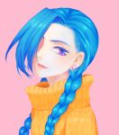  1girl blue_hair braid jinx_(league_of_legends) league_of_legends long_hair pink_eyes sweater twin_braids 