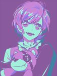  1boy amo_(yellowpink_a) bags_under_eyes diabolik_lovers eyepatch fangs laughing looking_at_viewer monochrome purple_background purple_hair sakamaki_kanato simple_background smile solo stuffed_animal stuffed_toy teddy_(diabolik_lovers) teddy_bear violet_eyes 