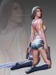  00s 1girl ass audia_pahlevi boots brown_hair final_fantasy final_fantasy_x final_fantasy_x-2 gun handgun heterochromia hood kneeling looking_at_viewer looking_back ponytail short_hair short_shorts shorts solo weapon yuna 