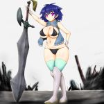  1girl bikini blue_hair blush breasts bursting_breasts cleavage curvy female greaves jacket large_breasts looking_at_viewer navel sitting smile solo swimsuit sword thick_thighs thigh-highs violet_eyes wide_hips 