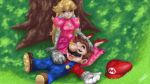  1boy 1girl awesomeerix blonde_hair blue_eyes couple dress grass hat mario princess_peach sleeping super_mario_bros. tree 