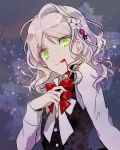  1girl amo_(yellowpink_a) blonde_hair blood bow bowtie cordelia_(diabolik_lovers) diabolik_lovers flat_chest glowing glowing_eyes green_eyes hair_ornament hairpin komori_yui licking licking_lips looking_at_viewer petite school_uniform small_breasts tongue tongue_out uniform upper_body 