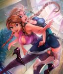 2girls anna_(frozen) back-to-back blonde_hair blue_eyes braid breasts brown_hair christmas_tree cleavage disney elsa_(frozen) feet frozen_(disney) high_heels locked_arms multiple_girls perspective shoes_removed siblings single_shoe sisters smile soles thezentlion thigh-highs twin_braids window 