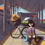  1girl 3doss bicycle black_hair brown_eyes female fox furry hat nature open_mouth outdoors panties pantyshot plant short_hair sitting sky solo underwear 