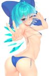  1girl ;d ahoge armpits ass bare_arms bare_back bare_shoulders bikini blue_bikini blue_bow blue_eyes blue_hair blush bow breasts cirno clenched_teeth cowboy_shot double_v eyebrows eyebrows_visible_through_hair fairy fingernails hair_bow hand_gesture ice ice_wings looking_at_viewer looking_back nose_blush one_eye_closed open_mouth outstretched_arm rukitsura short_hair side-tie_bikini sideboob simple_background small_breasts smile solo standing swimsuit teeth touhou under_boob v v_over_eye white_background wings 