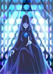  1girl aliasing blue_diamond_(steven_universe) blue_skin cartoon_network covered_eyes curtains dokur01 glowing hood jewel parted_lips pointing solo steven_universe 