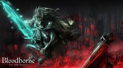  1boy battle bloodborne from_software glowing glowing_weapon huge_sword huge_weapon hunter_(bloodborne) logo ludwig_the_holy_blade mobius monster sword weapon 