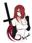  1girl bare_shoulders breasts cleavage cross cross_necklace female gloves hair_over_one_eye inverted_cross jewelry large_breasts long_hair necklace parasoul_(skullgirls) redhead skullgirls solo tagme upper_body yellow_eyes 