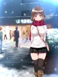  1girl arms_behind_back blush boots breasts brown_hair highres kareshi_ni_naisho_de_enjokousai,_hajimemashita large_breasts legs long_sleeves looking_at_viewer lyricbox mole public purse scarf shiny shiny_skin short_hair skirt snow snowing standing station sweater thigh-highs thighs train_station walking yellow_eyes 