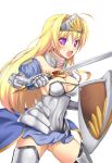 1girl armor blonde_hair breasts cleavage knight long_hair looking_at_viewer moejin open_mouth shield skirt solo sword violet_eyes weapon 