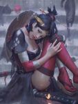  1girl arm_wrap black_cat black_gloves black_hair breasts butterfly cat cleavage fingernails gloves glowing_butterfly guweiz lips long_hair looking_at_viewer medium_breasts nail_polish nose original red_legwear sandals single_glove sitting solo sword thigh-highs toes weapon white_nails 