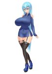  blue_eyes blue_hair breasts large_breasts long_hair smile sweater thigh-highs 