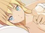  1girl bed bismarck_(kantai_collection) blonde_hair blue_eyes breasts cleavage kantai_collection long_hair looking_at_viewer lying nude on_back oota_yuuichi pointing pointing_at_viewer solo sweatdrop 