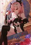  1girl boots child cup flower krul_tepes long_hair looking_at_viewer owari_no_seraph petals pink_hair rose sitting throne twintails 