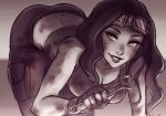  1girl asami_sato ass avatar:_the_last_airbender avatar_(series) breasts cleavage dimples_of_venus dirty fingerless_gloves gloves goggles goggles_on_head iahfy looking_at_viewer mechanic medium_breasts monochrome naughty_face smile solo tank_top the_legend_of_korra wrench 