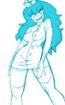  1girl blue_hair blush cure-chan hat hips long_hair monochrome nurse nurse_cap pose sharp_teeth simple_background solo teeth thigh-highs 
