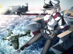  1girl aircraft airplane black_legwear blonde_hair blue_eyes breasts cannon capelet commentary_request female gloves graf_zeppelin_(kantai_collection) hair_between_eyes haribote_(tarao) hat jacket kantai_collection large_breasts long_hair machinery necktie ocean pantyhose peaked_cap sidelocks skirt solo tsurime turret twintails uniform walking walking_on_liquid walking_on_water water 