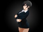  1girl black_background black_hair blue_eyes breasts business_suit clownculture crossed_arms female glasses large_breasts legs looking_at_viewer miniskirt original pantyhose serious short_hair simple_background skirt solo standing suit thighs 