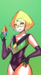  1girl :3 alternate_costume cartoon_network crystal elbow_gloves forehead_jewel gloves green_background green_eyes green_hair hand_on_hip leotard looking_at_viewer peridot_(steven_universe) solo steven_universe visor zxc 