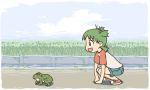  1girl animal animated animated_gif child clouds female frog green_hair happy hopping koiwai_yotsuba outdoors short_hair shorts sky squatting yotsubato! 