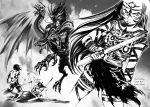  1boy 1girl artist_request breasts dragon highres jomon_period long_hair monochrome monster outdoors sky spear stick weapon 