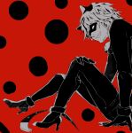  1boy adrien_agreste bell bodysuit cat_ears chat_noir fangs flat_color glowing glowing_eyes heels looking_at_viewer male_focus miraculous_ladybug monochrome sharp_nails solo tongue 