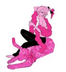  1boy amo_(yellowpink_a) animal blue_eyes bow bowtie diabolik_lovers feather_boa full_body hair_over_one_eye heart male_focus microphone monochrome mukami_kou pink ribbon shirtless simple_background sitting sitting_on_animal solo tongue white_background 