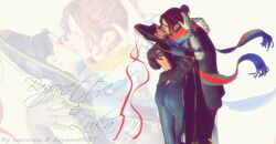  1boy 1girl artist_name ass bayonetta bayonetta_(character) black_hair brown_hair gloves hug kiss luka_redgrave web_address 