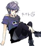  1boy angry bags_under_eyes bare_shoulders boots character_name diabolik_lovers frown high_heels looking_at_viewer open_mouth pantyhose purple_hair red_eyes sakamaki_kanato shorts simple_background skull solo white_background 