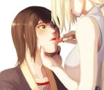  2girls black_hair blonde_hair lips lipstick looking_down looking_up makeup may_c multiple_girls naruto shizune_(naruto) short_hair tsunade 