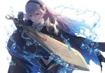  1girl alternate_costume armor cape fire_emblem fire_emblem_if hairband kachiino looking_at_viewer my_unit_(fire_emblem_if) pointy_ears red_eyes smile solo sword upper_body water 