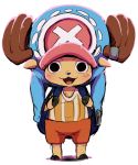  1boy backpack bag black_eyes blush dagashi_(daga2626) deer furry hat horns no_humans one_piece open_mouth simple_background tony_tony_chopper 