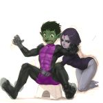  1boy 1girl abs beast_boy_(dc) bodysuit couple dc_comics forehead_jewel green_skin grey_skin groping kneeling leotard muscle nachtmahr pervert pointy_ears purple_hair raven_(dc) short_hair sitting spread_legs teen_titans toned 