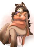  1girl breasts brown_eyes brown_hair chinese_clothes dress fan female furry gradient gradient_background long_hair raccoon setouchi_kurage solo white_background 
