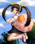  1girl backpack bag funsized-cake hachikuji_mayoi jumping looking_at_viewer midair monogatari_(series) panties pantyshot_(jumping) school_uniform solo twintails underwear 