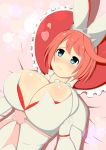  1girl ahoge animal_ears arc_system_works artist_request blue_eyes blush breasts cleavage dress elphelt_valentine guilty_gear guilty_gear_xrd heart heart_pillow huge_breasts looking_at_viewer lying on_back pillow pink_hair rabbit_ears ribbon shiny shiny_skin short_hair smile solo spikes wedding_dress white_dress 